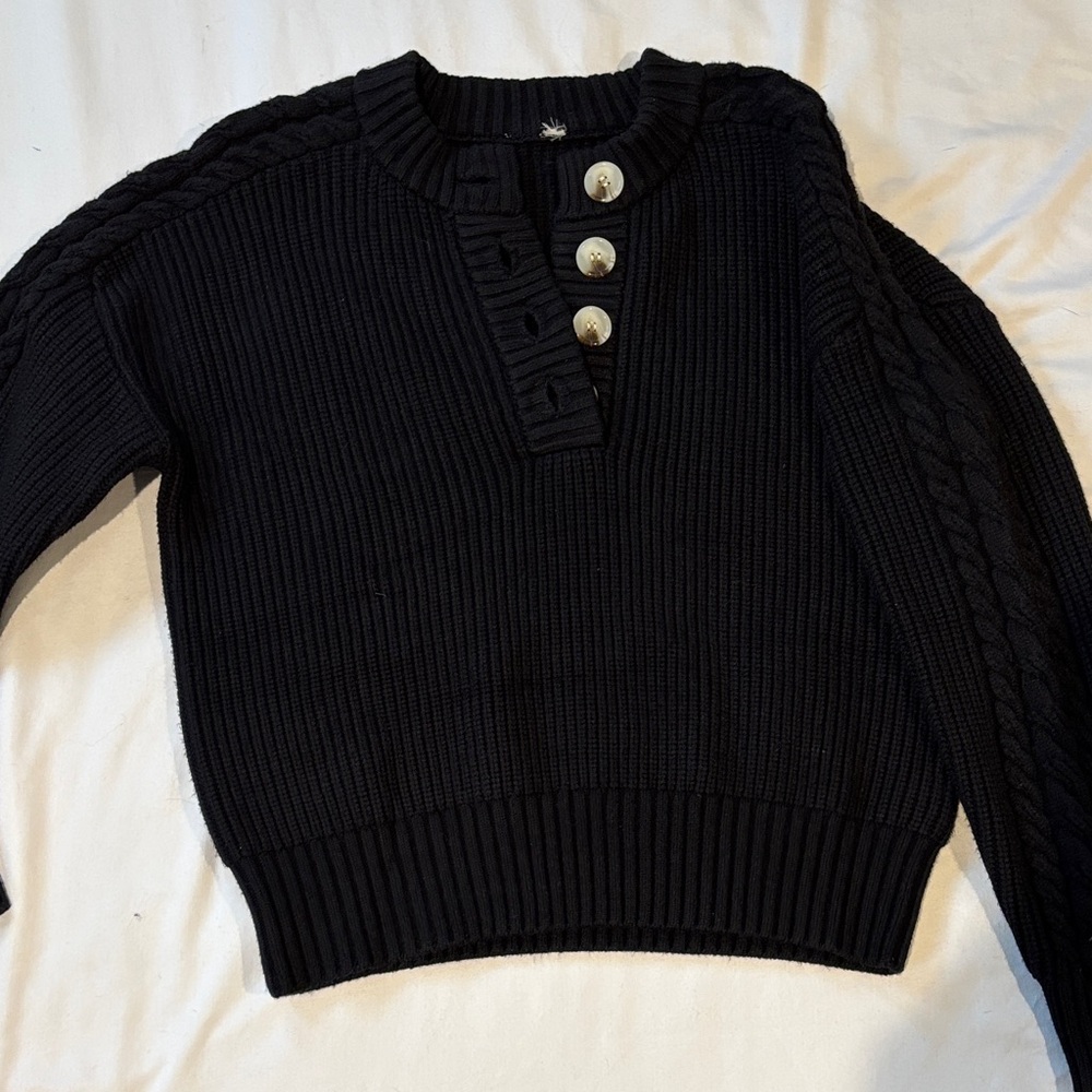 Varley Black Ribbed Sweater with Button Detail